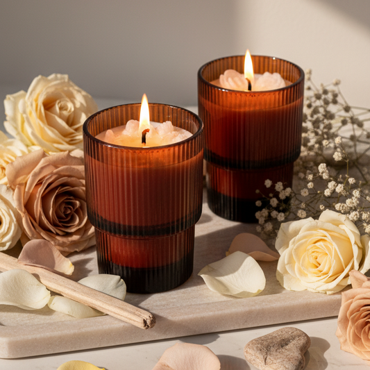 Two amber ribbed candles surrounded by roses and dry flowers