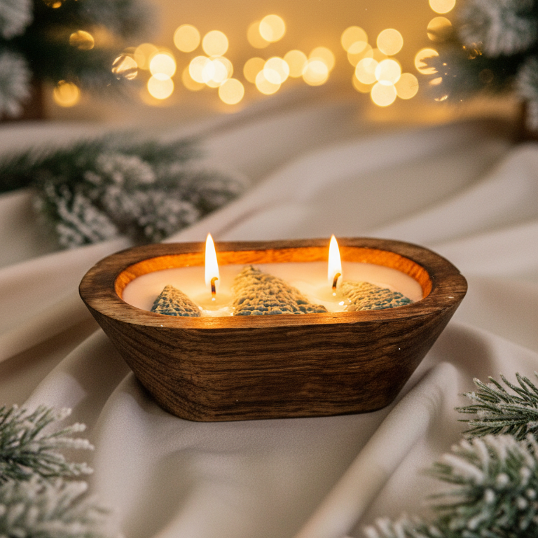 Wooden bowl with lit candles on a snowy surface with blurred lights in the background