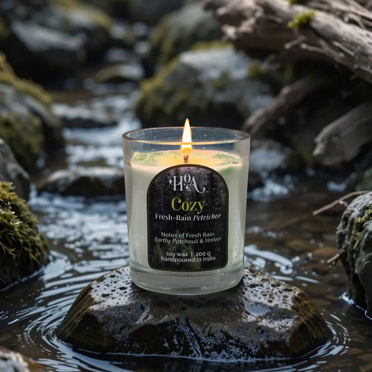 Candle labeled 'Cozy' on a rock with water and moss in the background