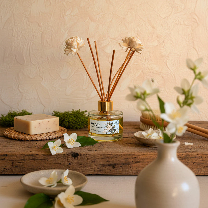 A still life arrangement with a diffuser, flowers, and a vase on a wooden surface.