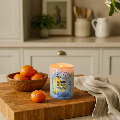 Candle on a wooden cutting board with oranges and a bowl, in a kitchen setting.