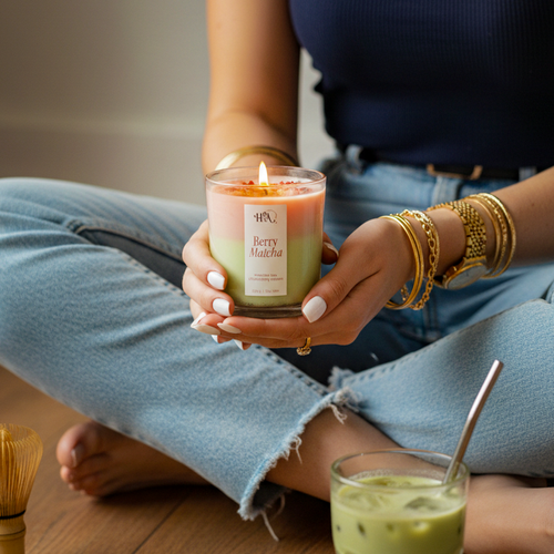 Person holding a berry matcha candle and an iced matcha latte on a wooden floor with flowers and a whisk.