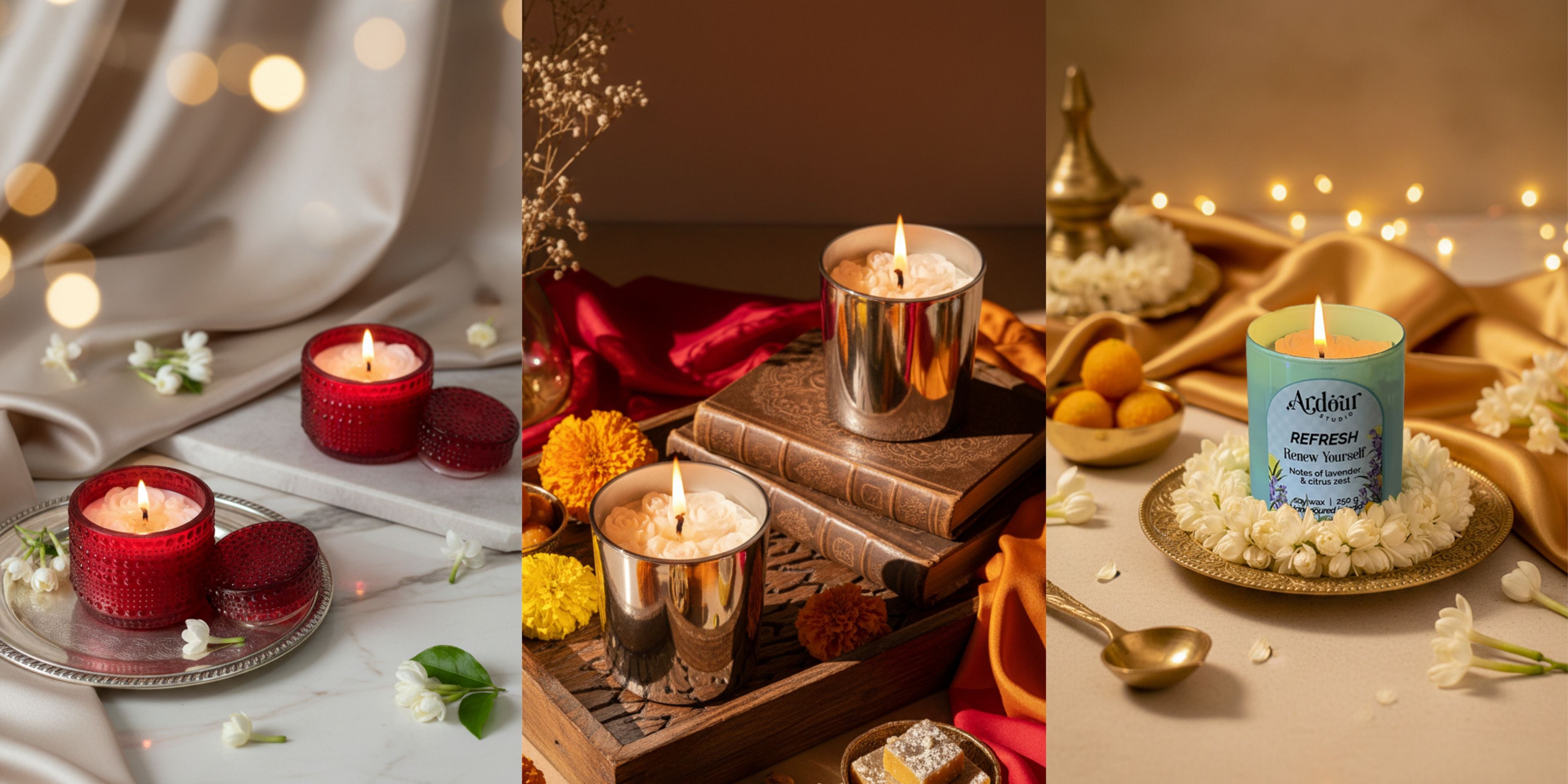 Collection of candles in various settings with decorative elements.
