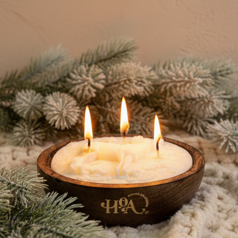 Three-wick candle in a wooden holder with 'HOA' initials, surrounded by frosted branches on a textured surface.