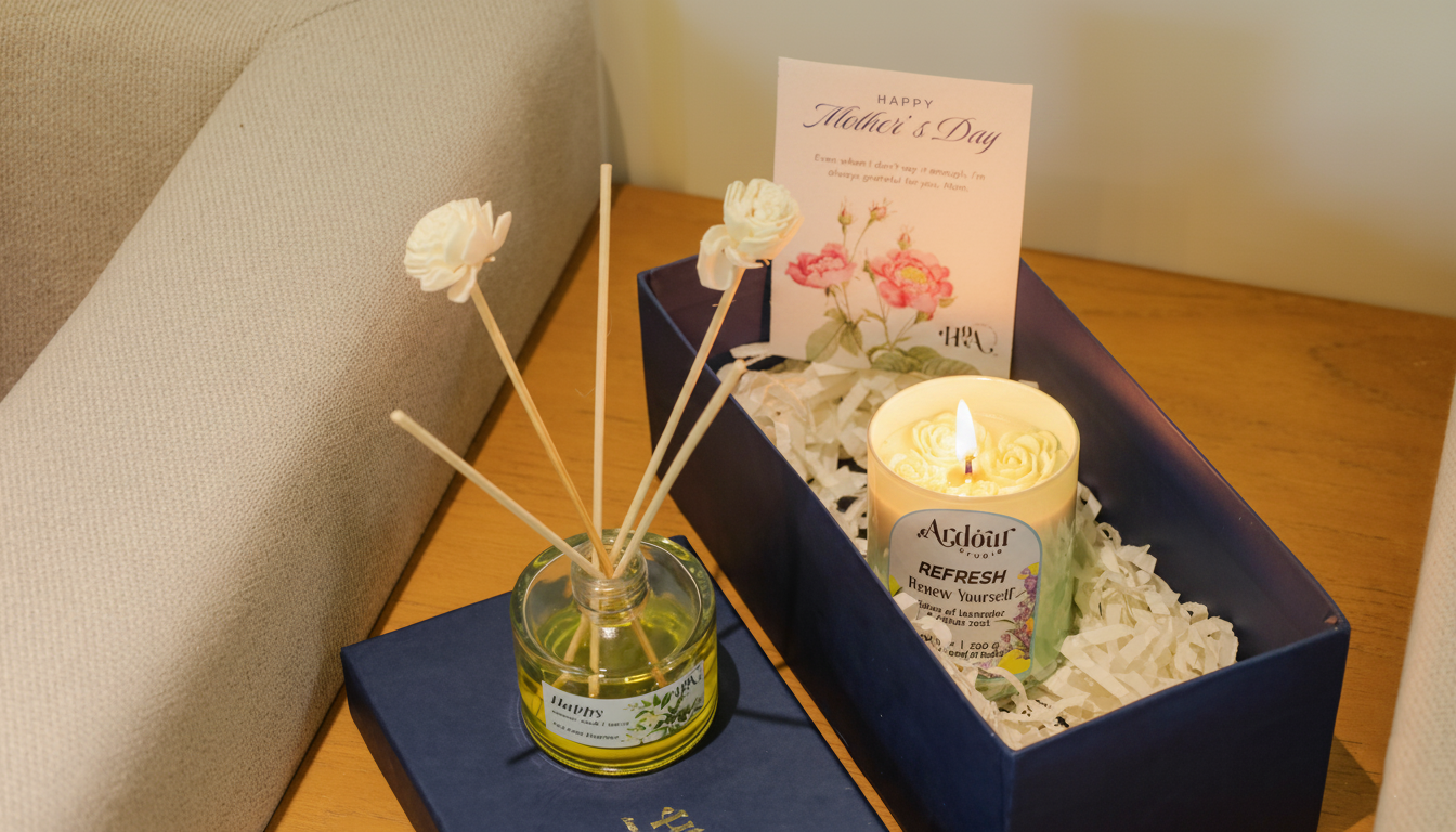 Candle and diffuser set with a Mother's Day card on a box