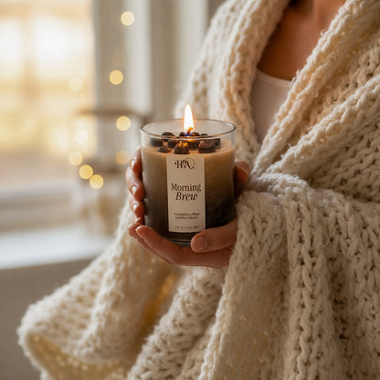 Person holding a 'Morning Brew' candle with a warm, cozy background