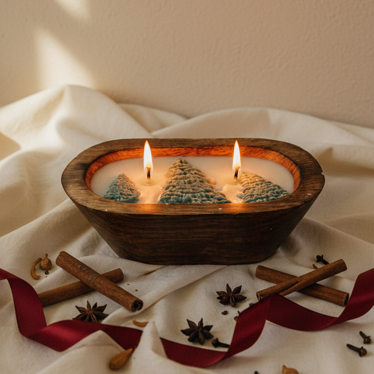 Wooden bowl with lit candles featuring Christmas tree designs on a white fabric background.