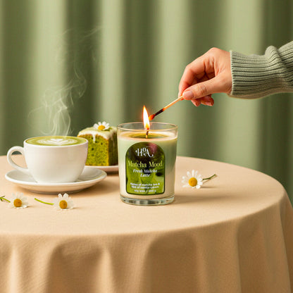 Person lighting a candle with a cup of tea and a small cake on a table against a green curtain background.