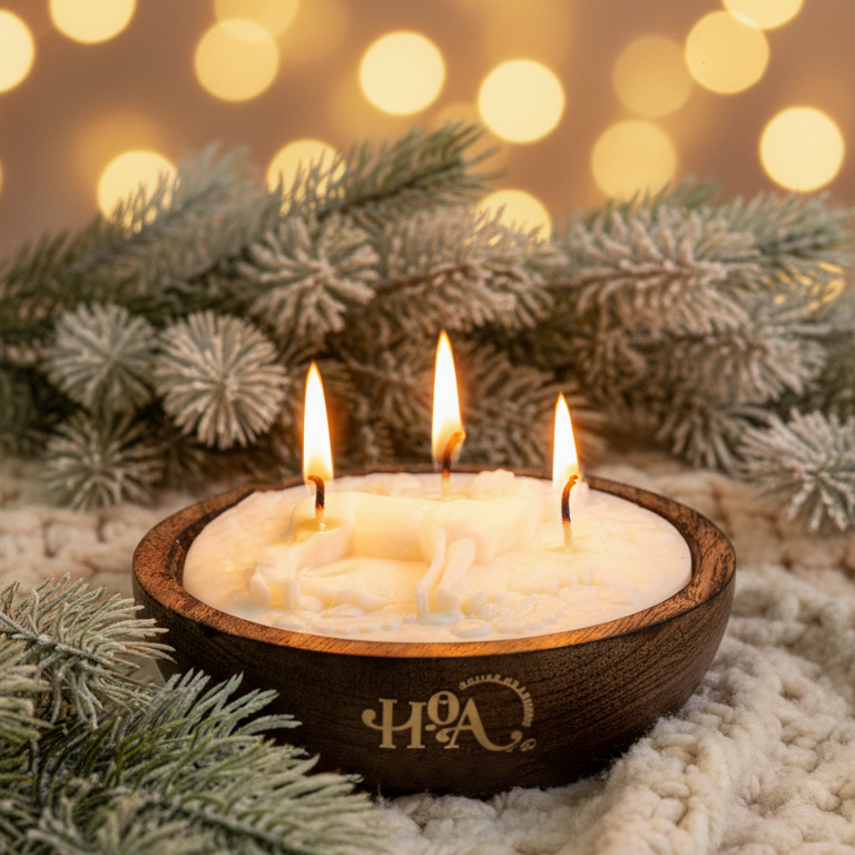 Three-wick candle in a wooden holder with 'HOA' initials, surrounded by Christmas decorations.